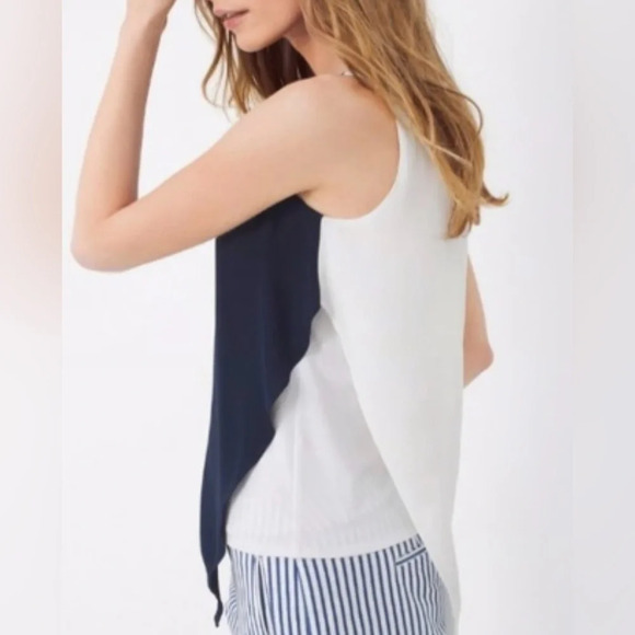 White House Black Market Navy White Asymmetrical Sleeveless Top Sz M - Picture 2 of 10